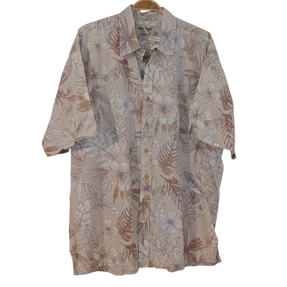 VTG Cooke Street Honolulu Mens‎ XL Cotton Tropical Floral Hawaiian Shirt Tan